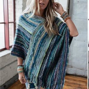 Three Bird Nest Blue and Green Striped Poncho